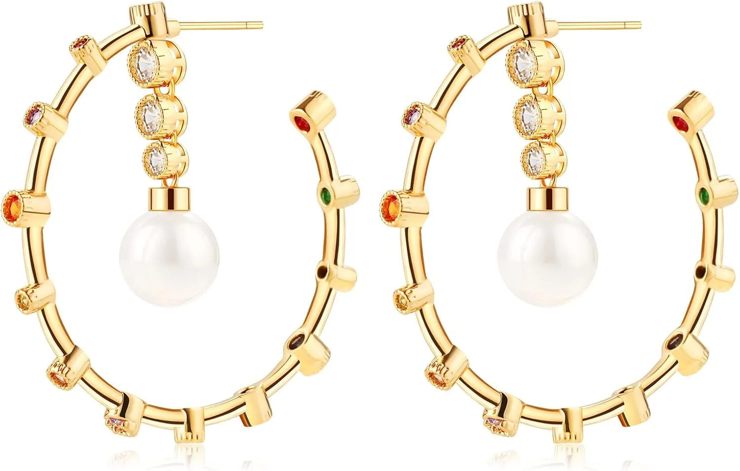 Multi-colors Large Big Crystal Rhinestone Hoop Earrings for Women 925 Sterling Silver 14K Gold Plated Pearl CZ Hoop Dangle Earrings for Women Girls