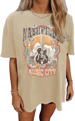 Nashville Music City T-Shirt Women Country Music Oversized Shirts Rock Band Tshirt Vintage Guitar Wings Graphic Tees