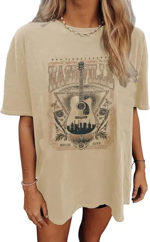 Nashville Music City T-Shirt Women Country Music Oversized Shirts Rock Band Tshirt Vintage Guitar Wings Graphic Tees
