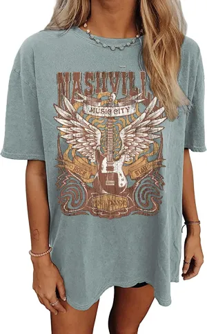 Nashville Music City T-Shirt Women Country Music Oversized Shirts Rock Band Tshirt Vintage Guitar Wings Graphic Tees