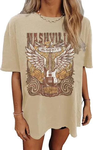 Nashville Music City T-Shirt Women Country Music Oversized Shirts Rock Band Tshirt Vintage Guitar Wings Graphic Tees