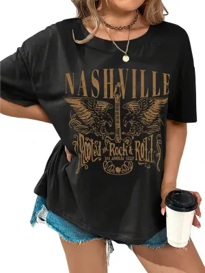 Nashville Music City T-Shirt Women Country Music Oversized Shirts Rock Band Tshirt Vintage Guitar Wings Graphic Tees