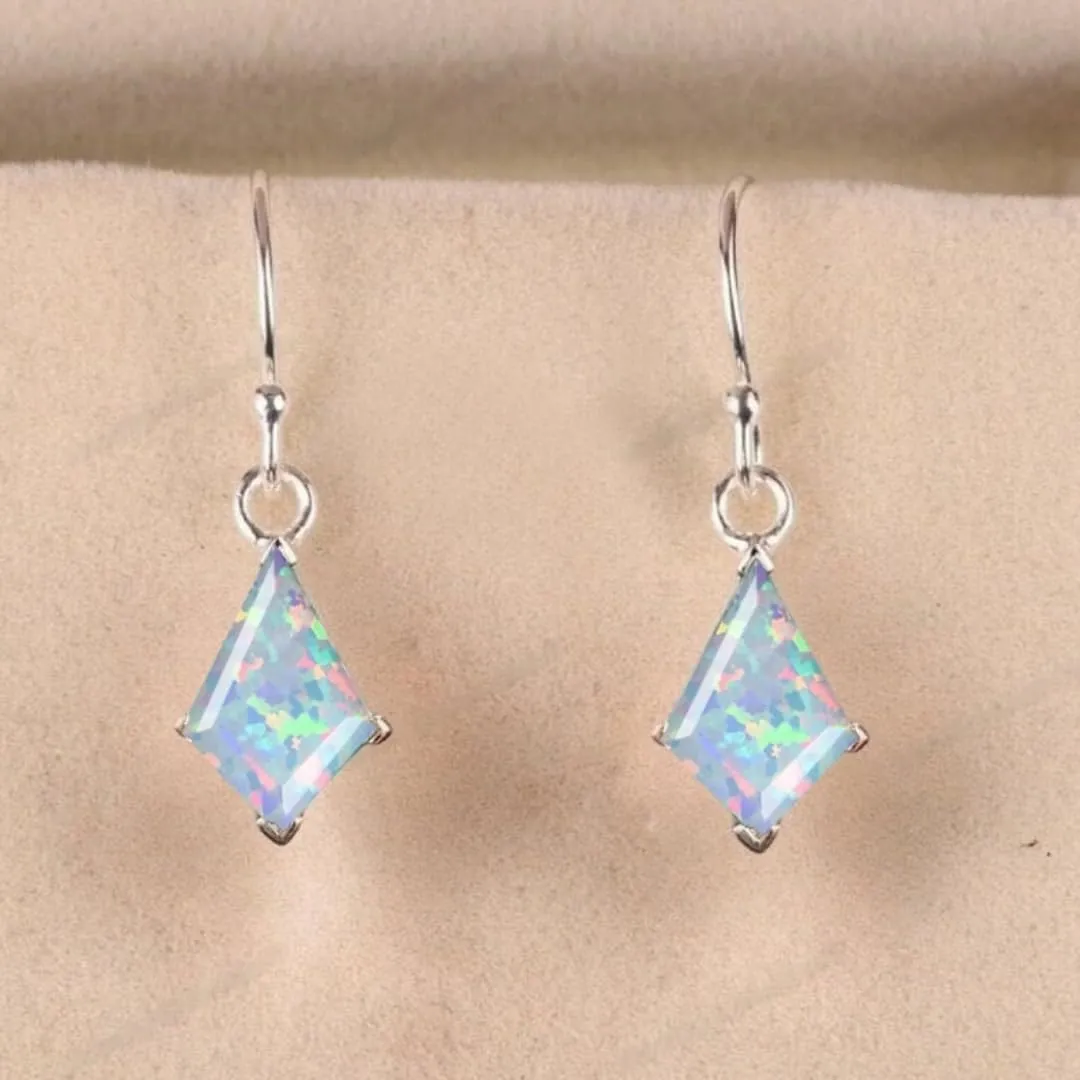 Natural Opal Dangle Earrings, Kite Cut Crystal, Rose Gold Hooks