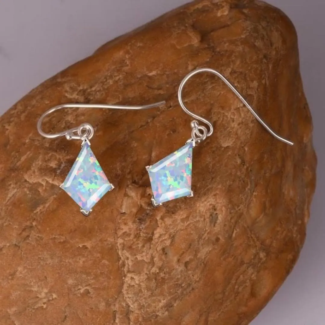 Natural Opal Dangle Earrings, Kite Cut Crystal, Rose Gold Hooks