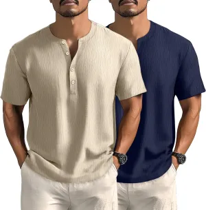 Neer 2 Pack Big and Tall Shirts for Men Casual Button Short Sleeve Henley T Shirt Band Collar Plus Size Top Beach Tee