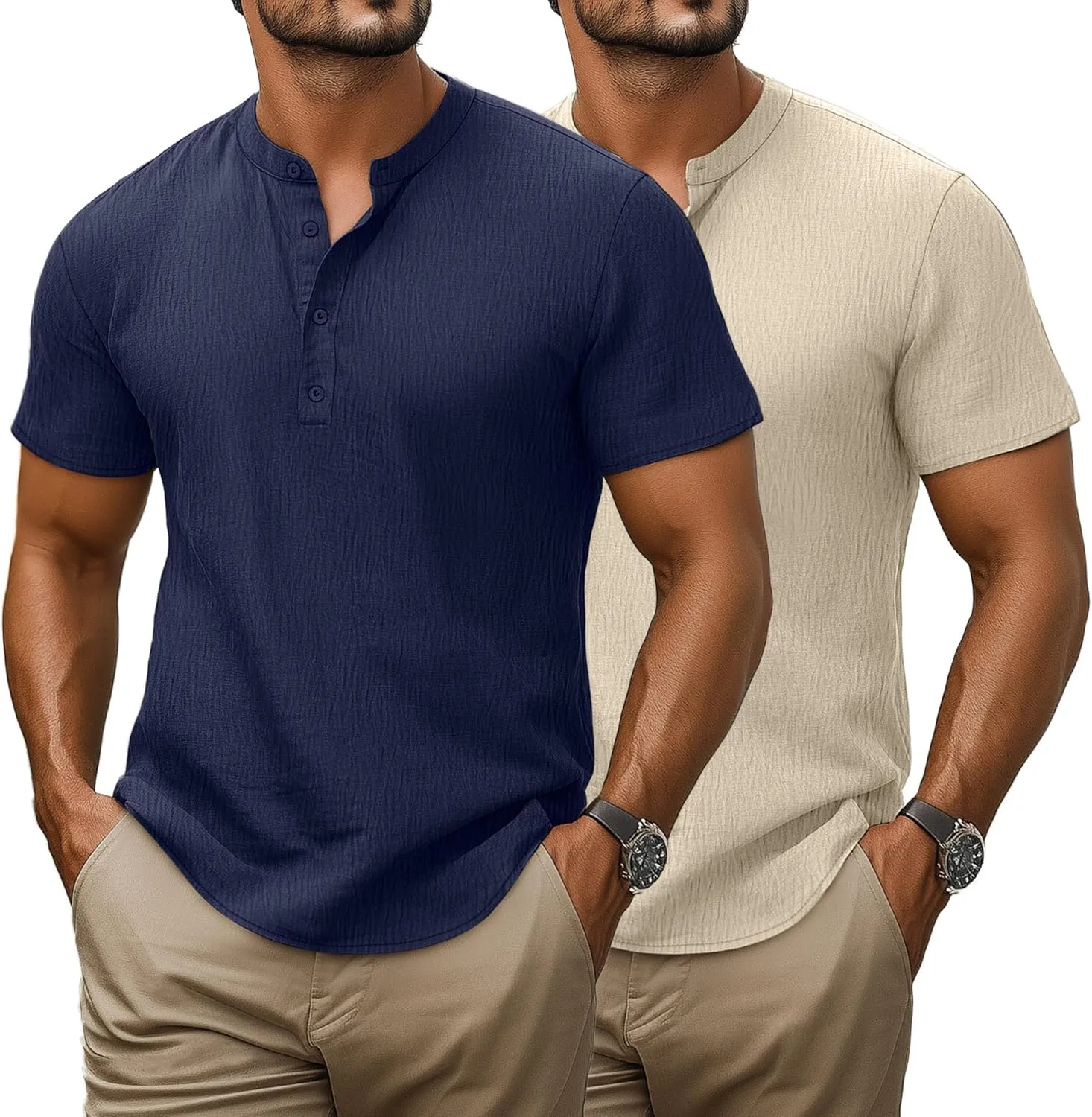 Neer 2 Pack Big and Tall Shirts for Men Casual Button Short Sleeve Henley T Shirt Band Collar Plus Size Top Beach Tee