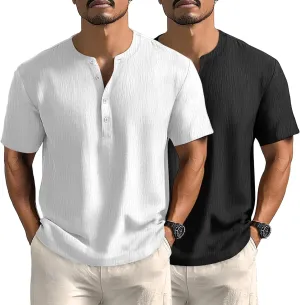 Neer 2 Pack Big and Tall Shirts for Men Casual Button Short Sleeve Henley T Shirt Band Collar Plus Size Top Beach Tee
