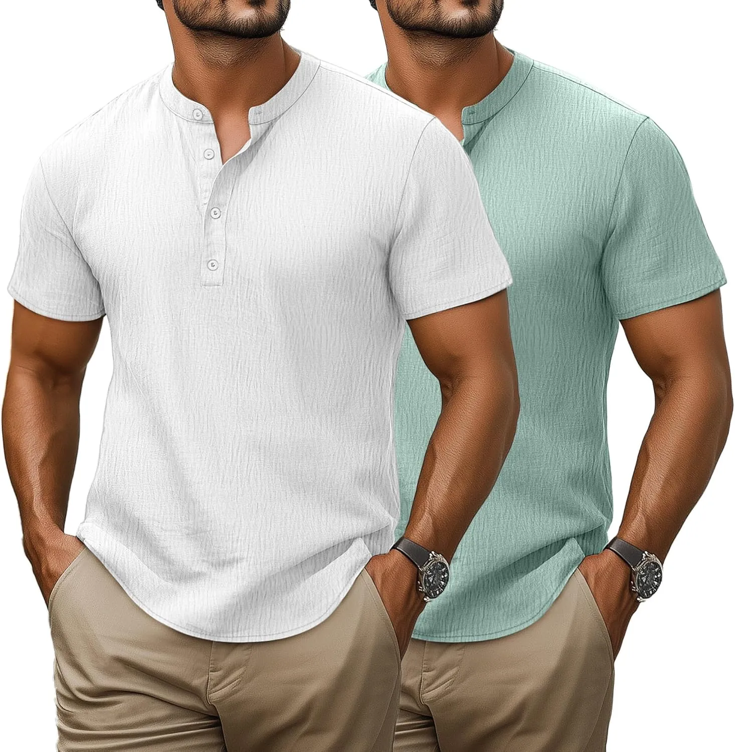 Neer 2 Pack Big and Tall Shirts for Men Casual Button Short Sleeve Henley T Shirt Band Collar Plus Size Top Beach Tee