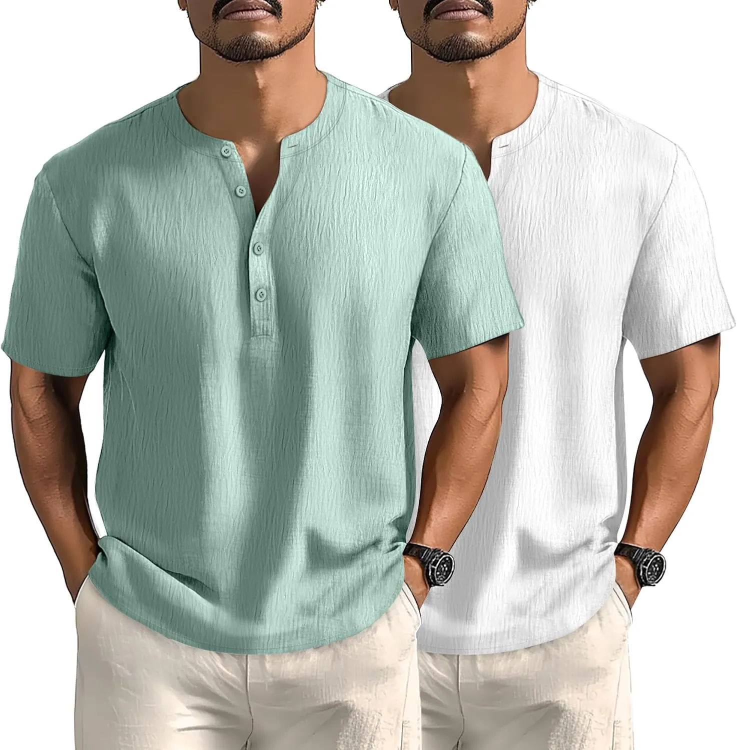 Neer 2 Pack Big and Tall Shirts for Men Casual Button Short Sleeve Henley T Shirt Band Collar Plus Size Top Beach Tee