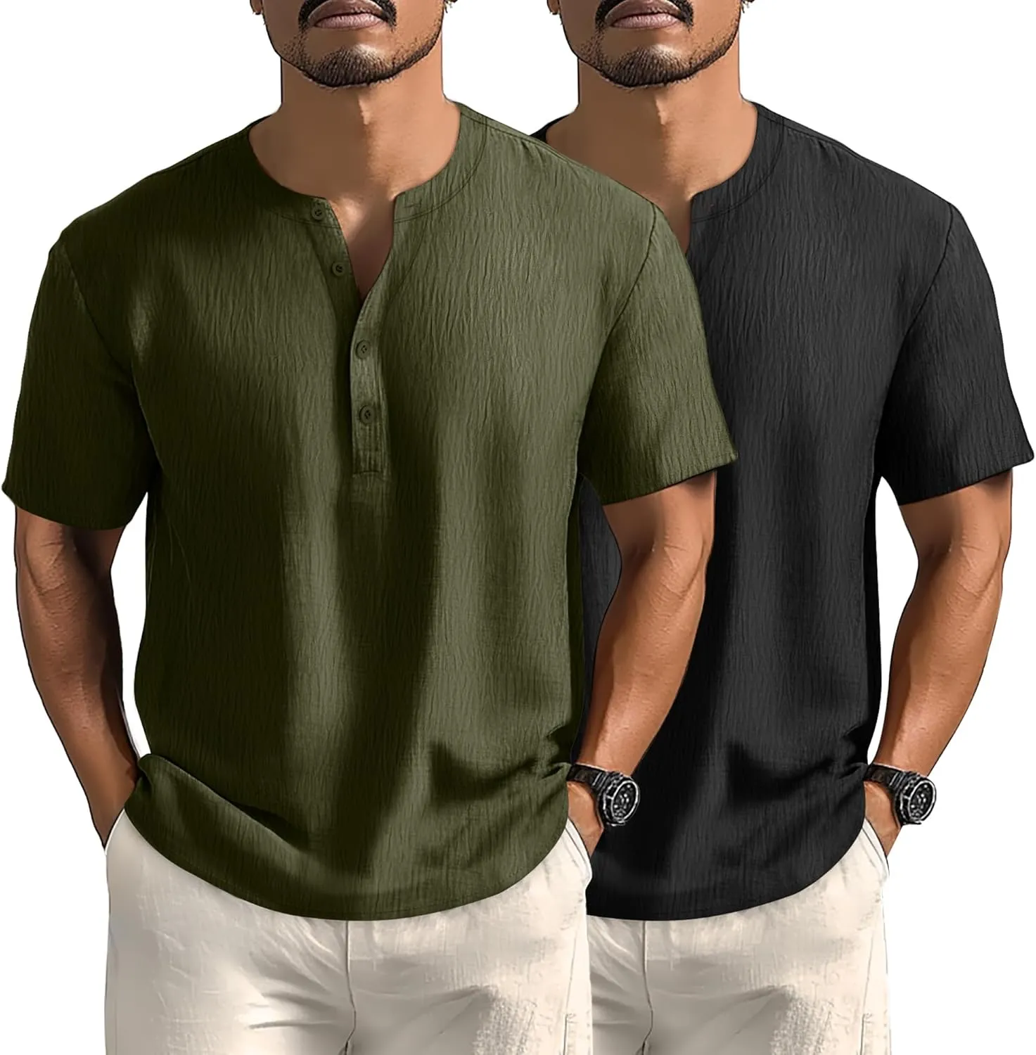Neer 2 Pack Big and Tall Shirts for Men Casual Button Short Sleeve Henley T Shirt Band Collar Plus Size Top Beach Tee