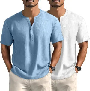 Neer 2 Pack Big and Tall Shirts for Men Casual Button Short Sleeve Henley T Shirt Band Collar Plus Size Top Beach Tee