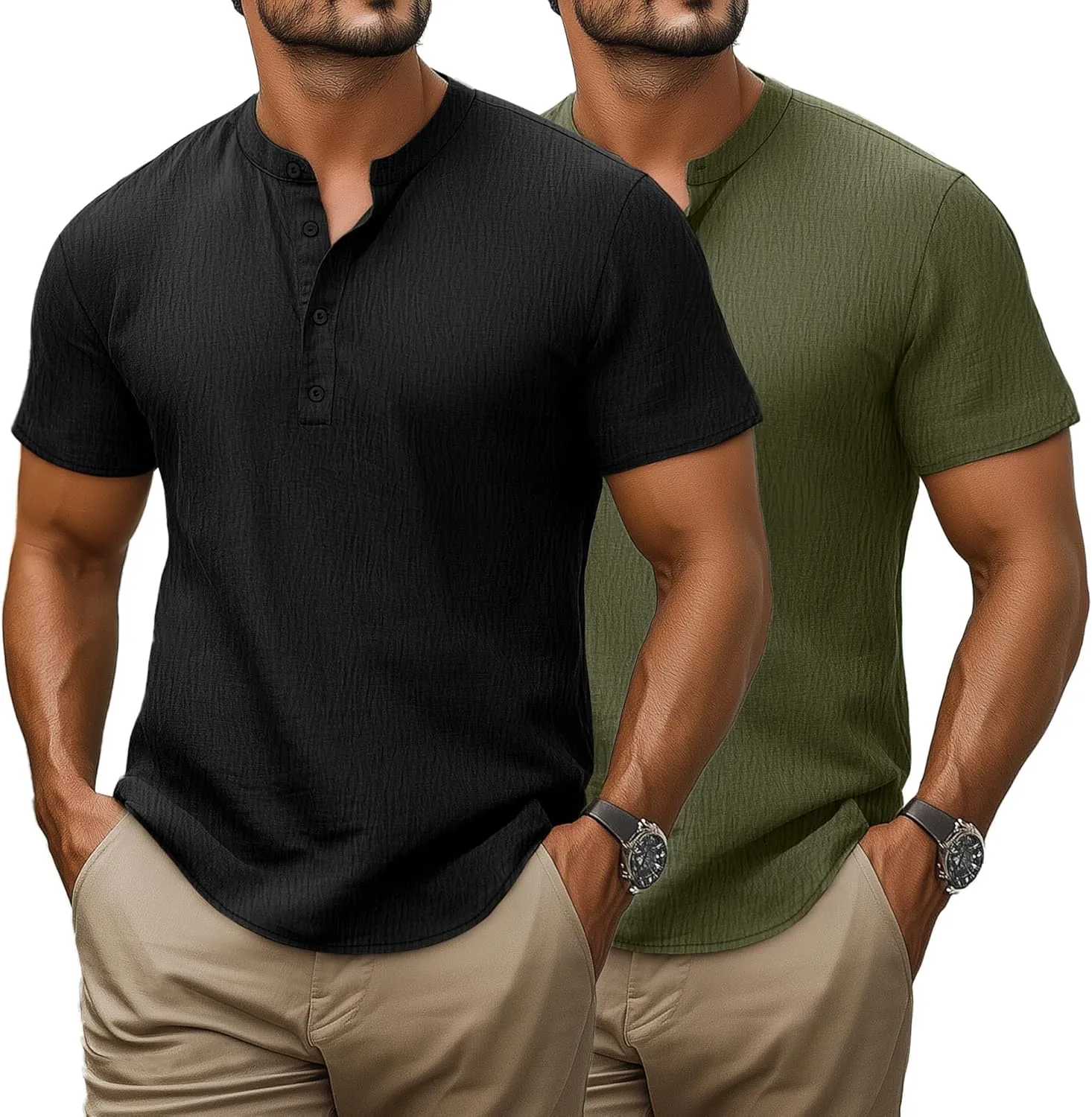 Neer 2 Pack Big and Tall Shirts for Men Casual Button Short Sleeve Henley T Shirt Band Collar Plus Size Top Beach Tee