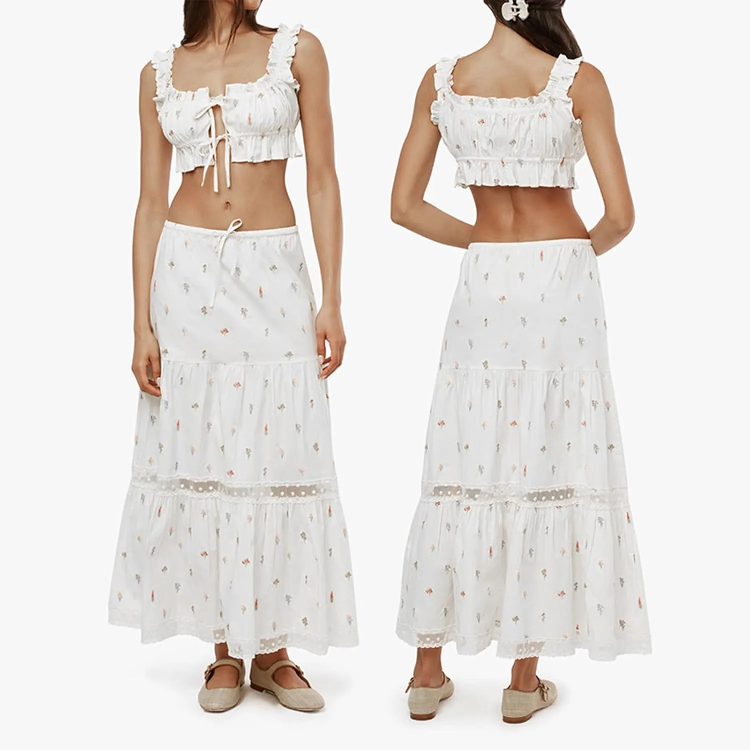 NUFIWI Women Flowy Maxi Skirt 2 Piece Outfits Y2k Tie Up Cami Top Frill Ruffle Long Skirt Matching Set Sundress