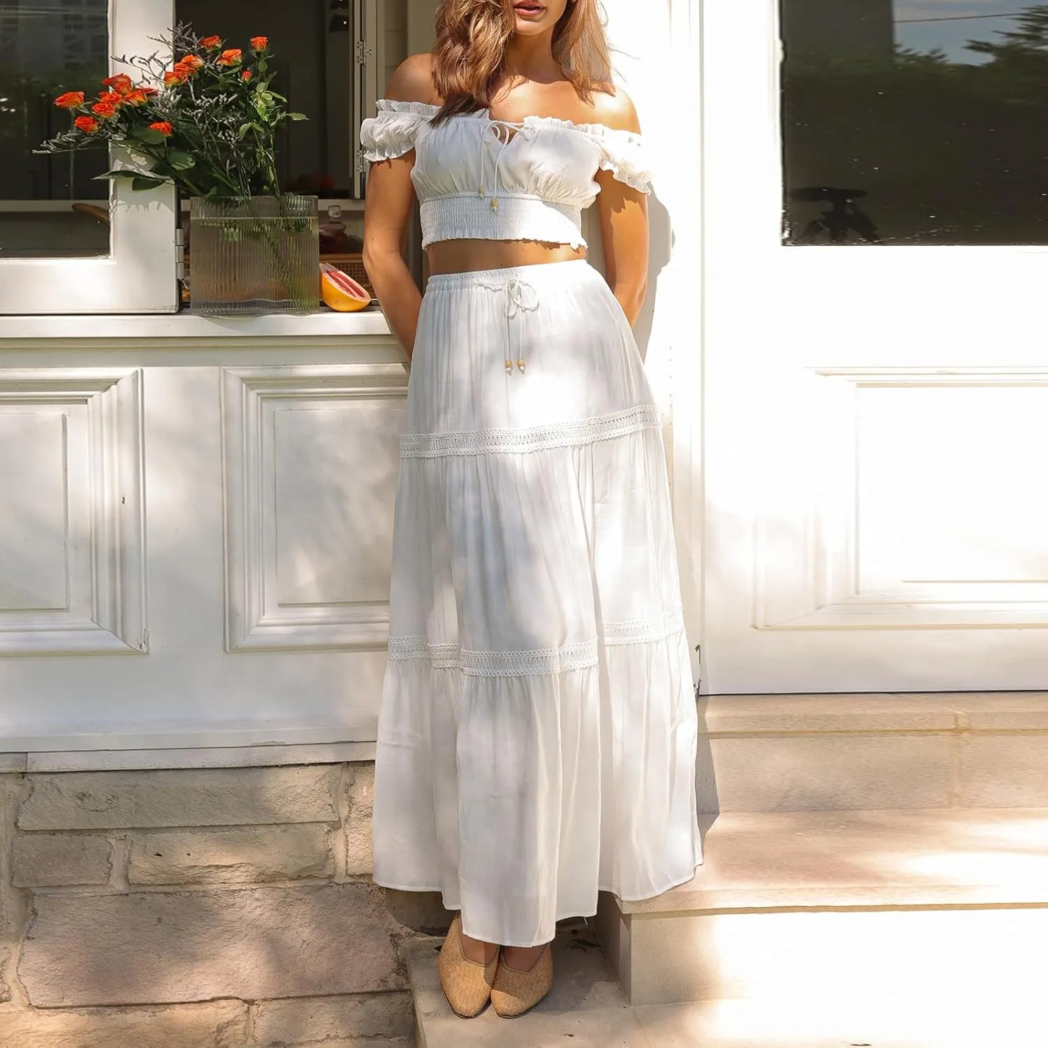 NUFIWI Women Flowy Maxi Skirt 2 Piece Outfits Y2k Tie Up Cami Top Frill Ruffle Long Skirt Matching Set Sundress