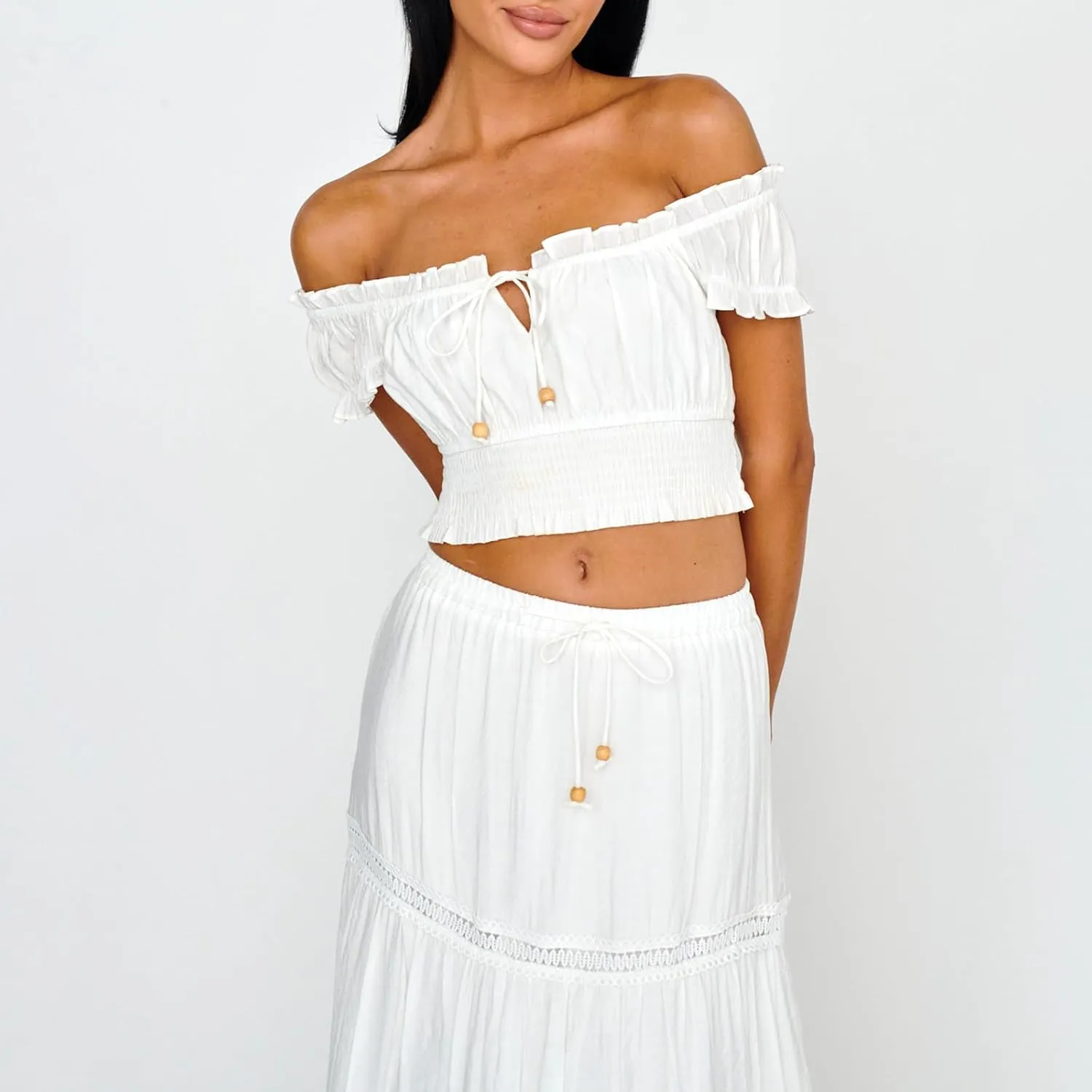 NUFIWI Women Flowy Maxi Skirt 2 Piece Outfits Y2k Tie Up Cami Top Frill Ruffle Long Skirt Matching Set Sundress