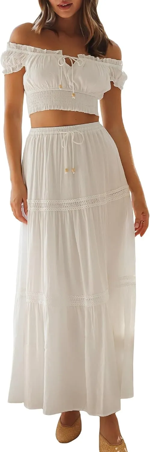 NUFIWI Women Flowy Maxi Skirt 2 Piece Outfits Y2k Tie Up Cami Top Frill Ruffle Long Skirt Matching Set Sundress