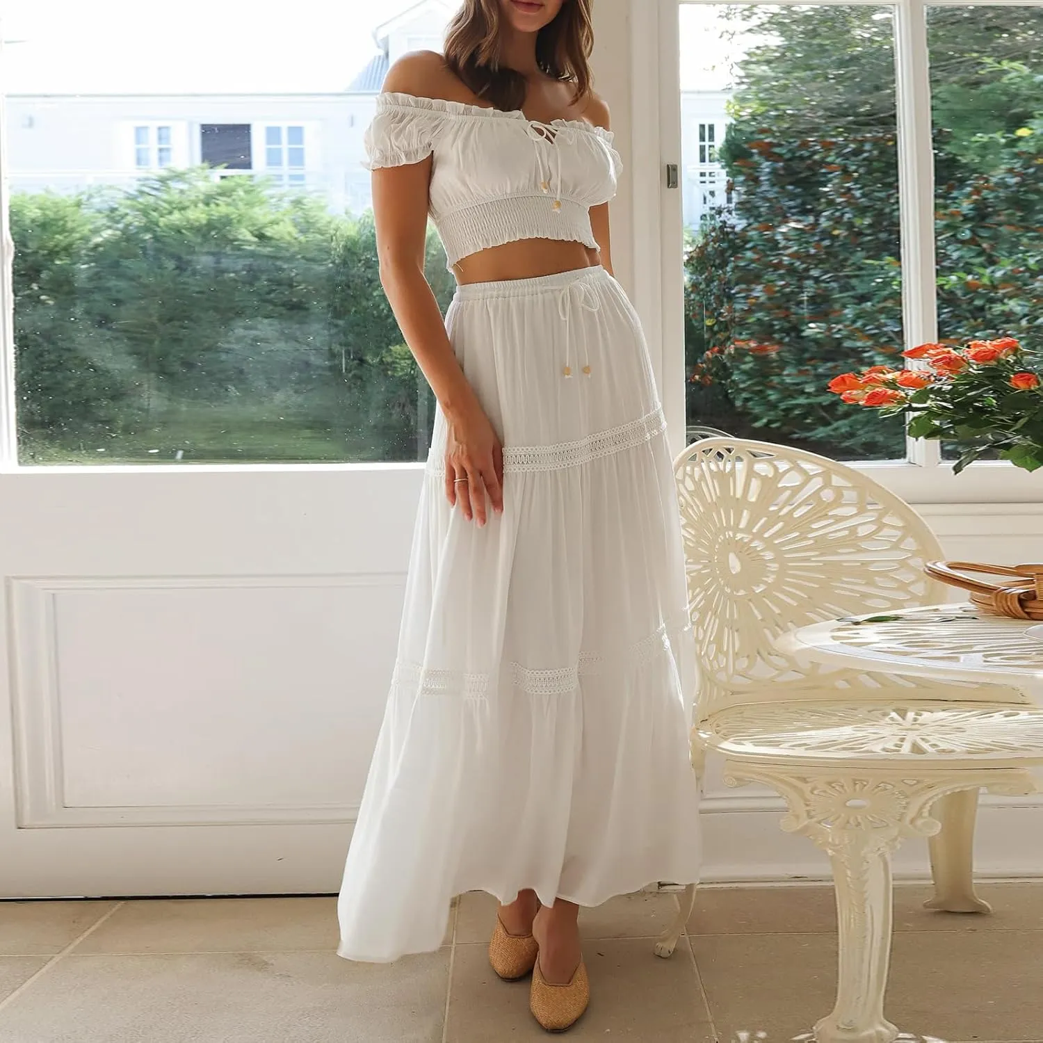 NUFIWI Women Flowy Maxi Skirt 2 Piece Outfits Y2k Tie Up Cami Top Frill Ruffle Long Skirt Matching Set Sundress