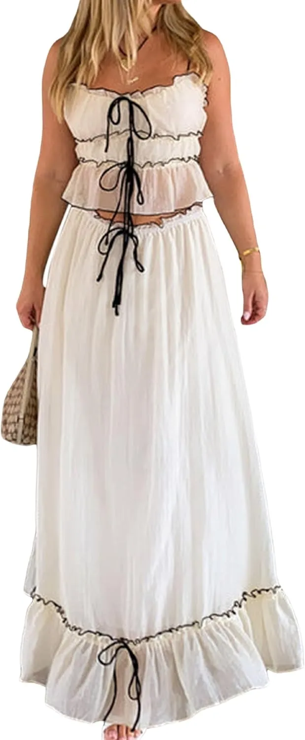 NUFIWI Women Flowy Maxi Skirt 2 Piece Outfits Y2k Tie Up Cami Top Frill Ruffle Long Skirt Matching Set Sundress