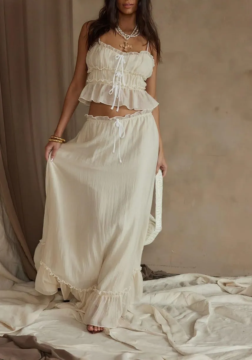 NUFIWI Women Flowy Maxi Skirt 2 Piece Outfits Y2k Tie Up Cami Top Frill Ruffle Long Skirt Matching Set Sundress