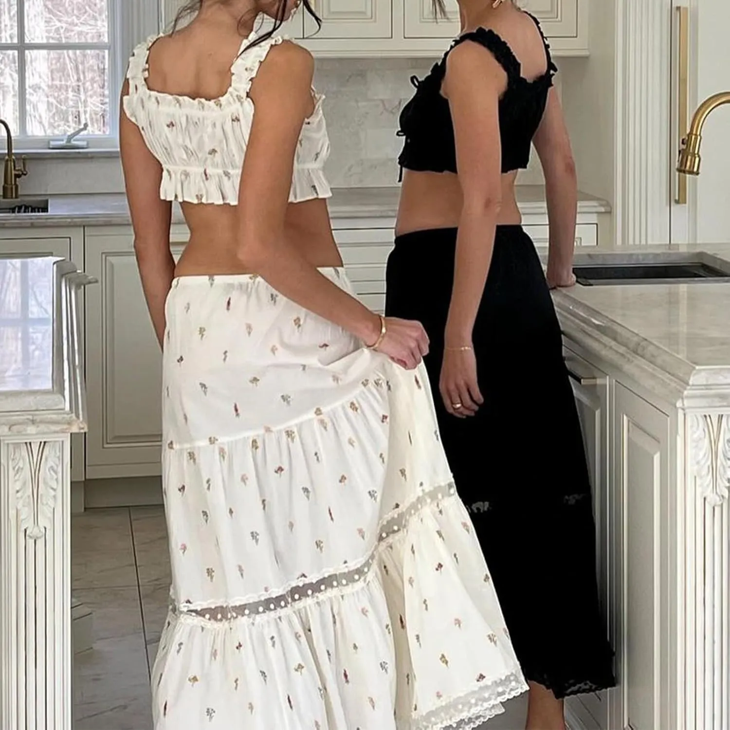 NUFIWI Women Flowy Maxi Skirt 2 Piece Outfits Y2k Tie Up Cami Top Frill Ruffle Long Skirt Matching Set Sundress