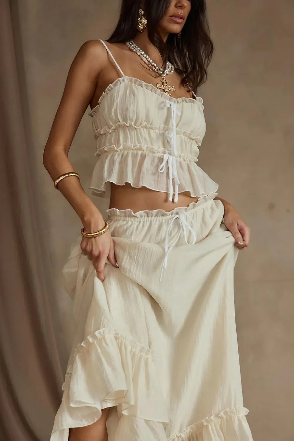 NUFIWI Women Flowy Maxi Skirt 2 Piece Outfits Y2k Tie Up Cami Top Frill Ruffle Long Skirt Matching Set Sundress
