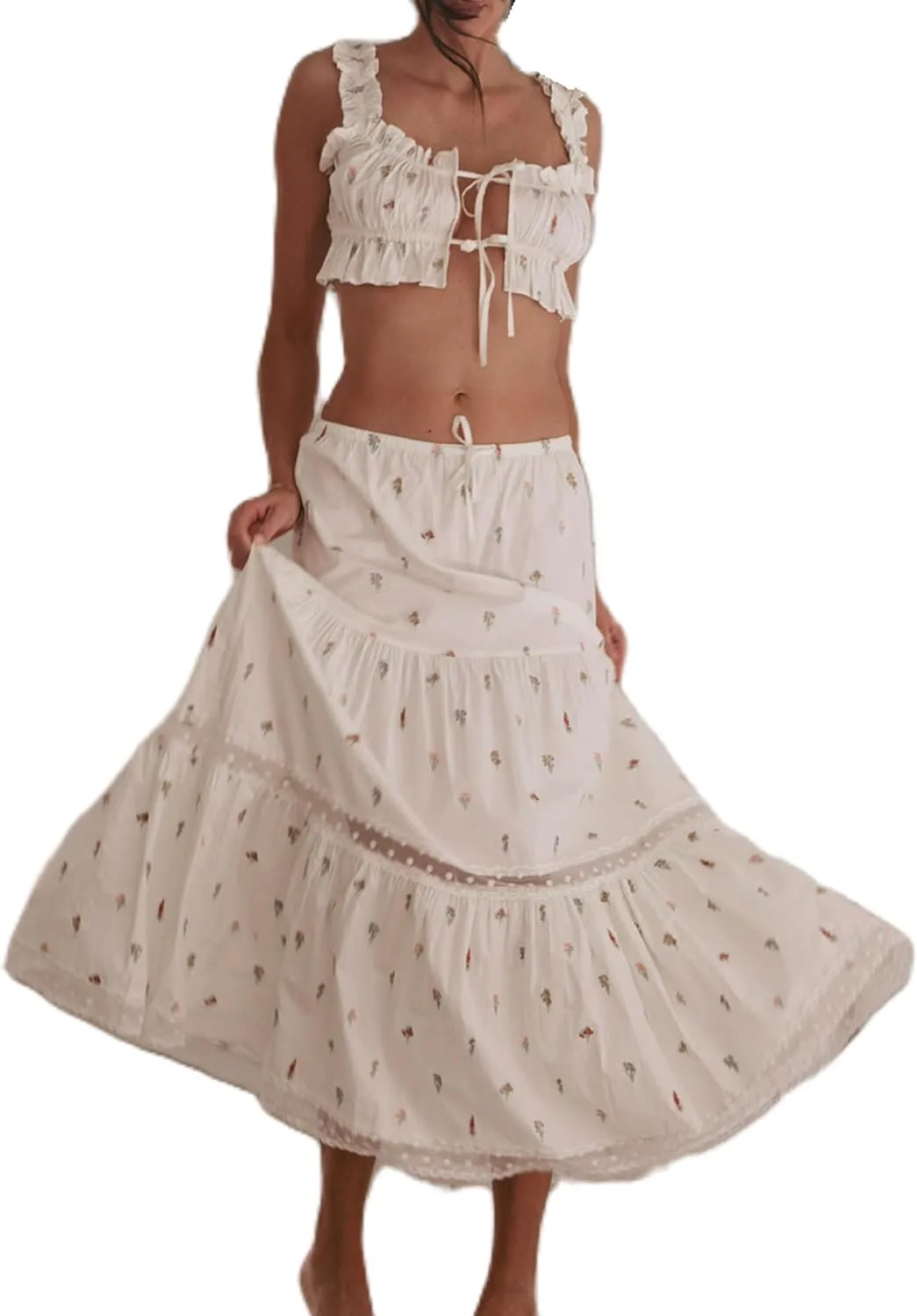 NUFIWI Women Flowy Maxi Skirt 2 Piece Outfits Y2k Tie Up Cami Top Frill Ruffle Long Skirt Matching Set Sundress