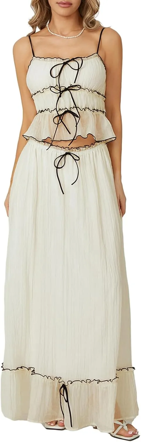 NUFIWI Women Flowy Maxi Skirt 2 Piece Outfits Y2k Tie Up Cami Top Frill Ruffle Long Skirt Matching Set Sundress