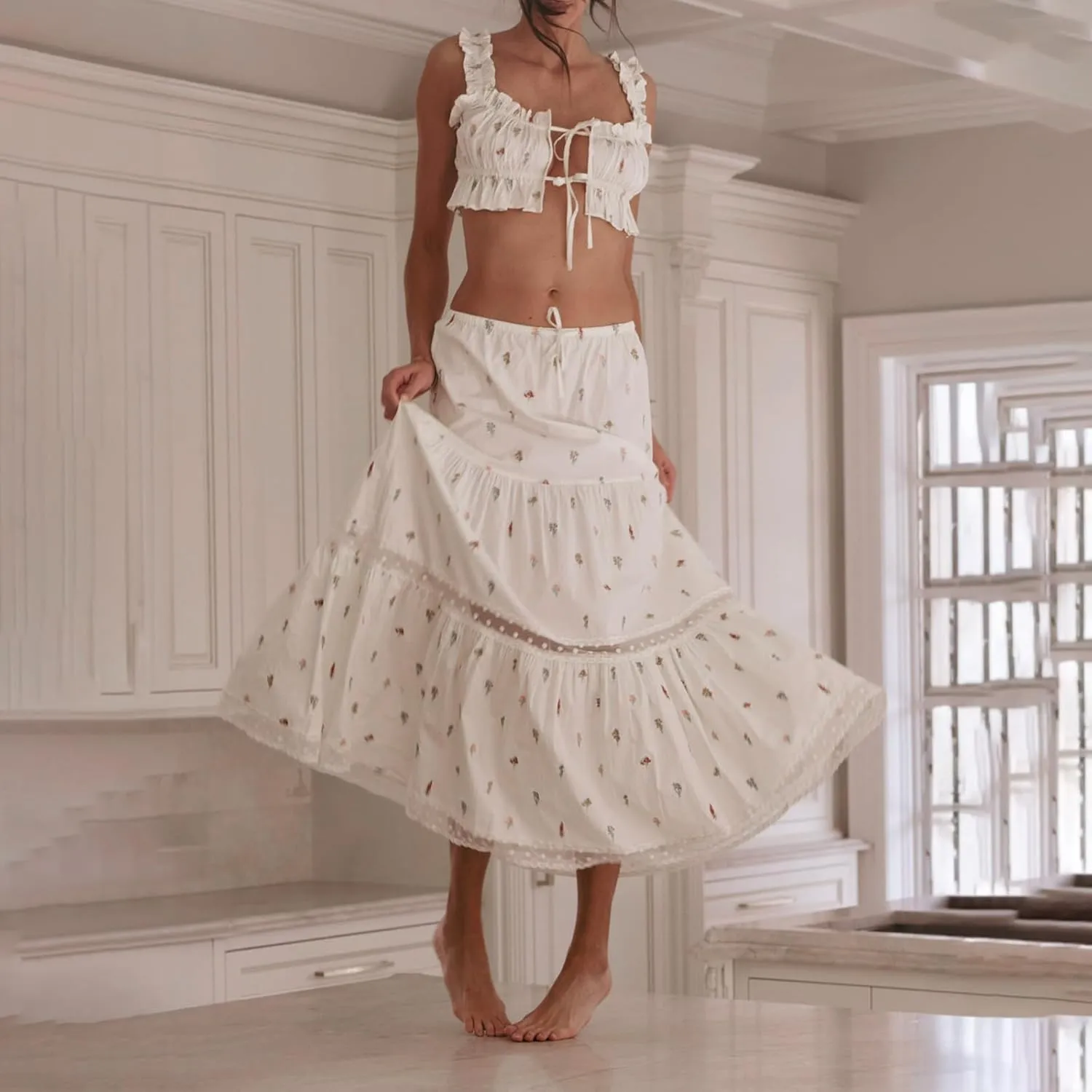 NUFIWI Women Flowy Maxi Skirt 2 Piece Outfits Y2k Tie Up Cami Top Frill Ruffle Long Skirt Matching Set Sundress