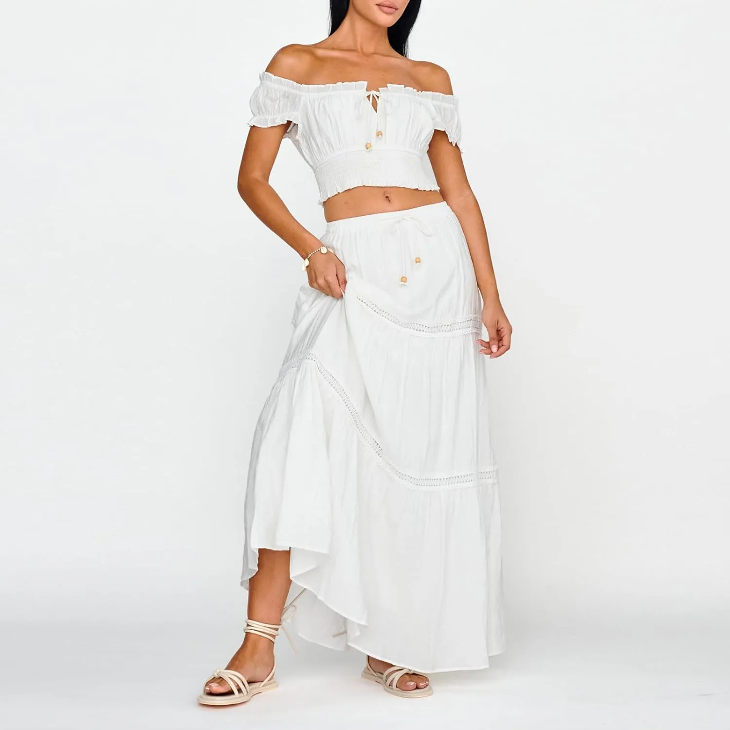 NUFIWI Women Flowy Maxi Skirt 2 Piece Outfits Y2k Tie Up Cami Top Frill Ruffle Long Skirt Matching Set Sundress