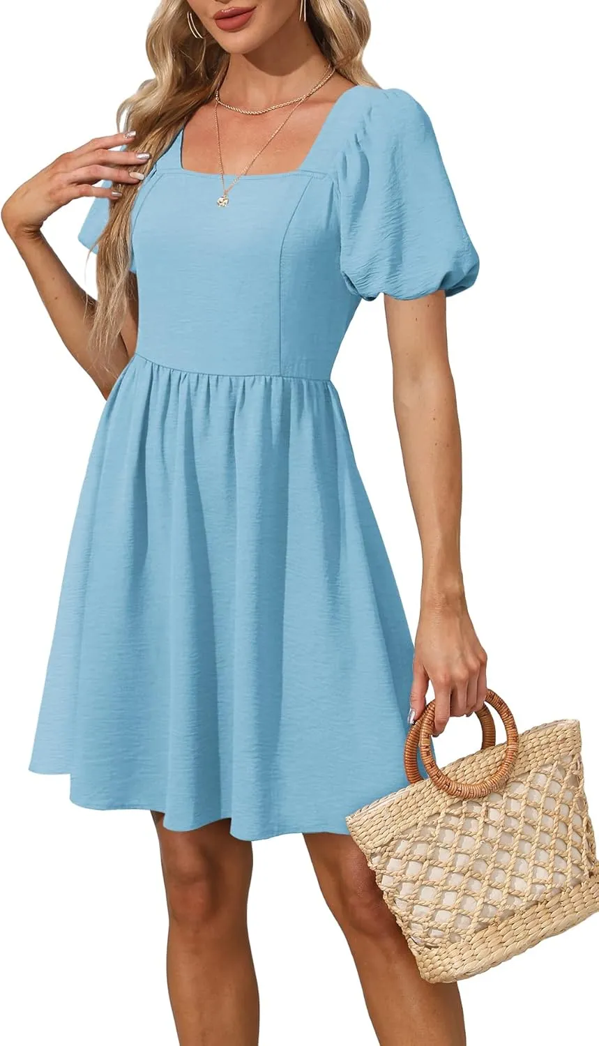 OFEEFAN Women Puff Sleeve Square Neck Tie in Back Dresses with Zipper