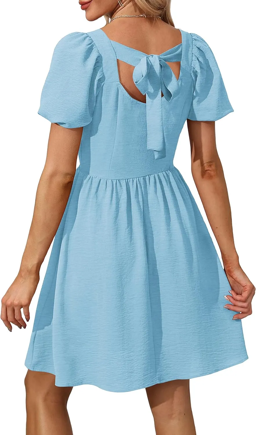 OFEEFAN Women Puff Sleeve Square Neck Tie in Back Dresses with Zipper