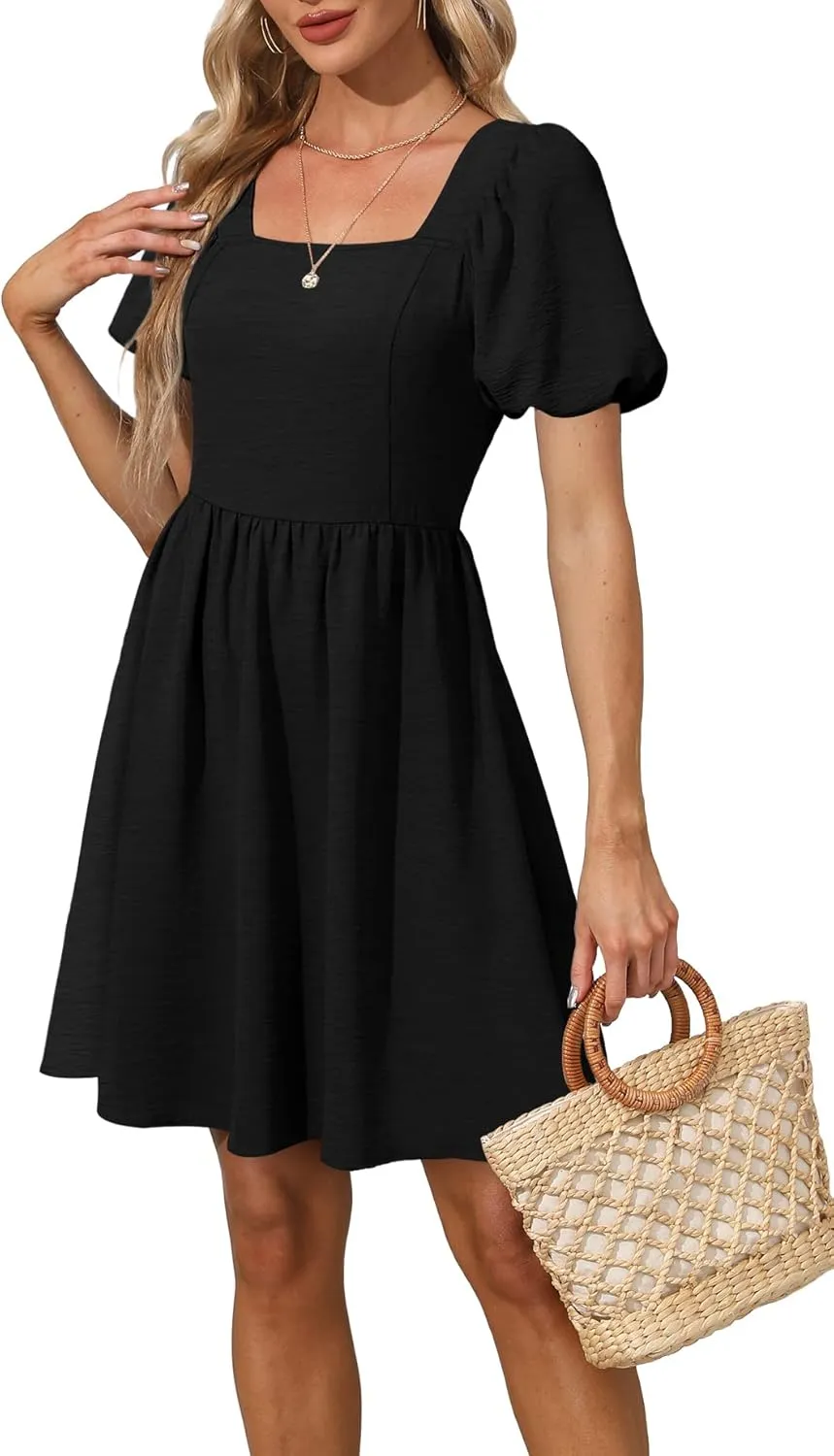 OFEEFAN Women Puff Sleeve Square Neck Tie in Back Dresses with Zipper