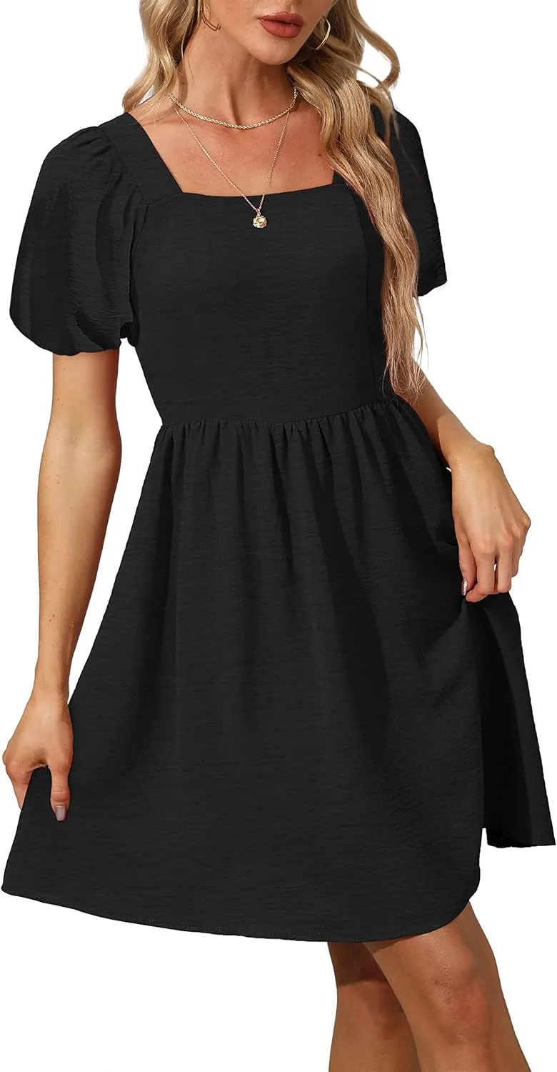 OFEEFAN Women Puff Sleeve Square Neck Tie in Back Dresses with Zipper