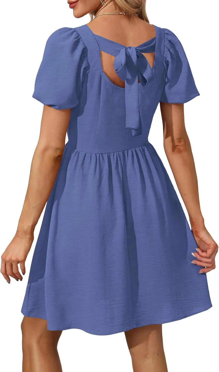 OFEEFAN Women Puff Sleeve Square Neck Tie in Back Dresses with Zipper
