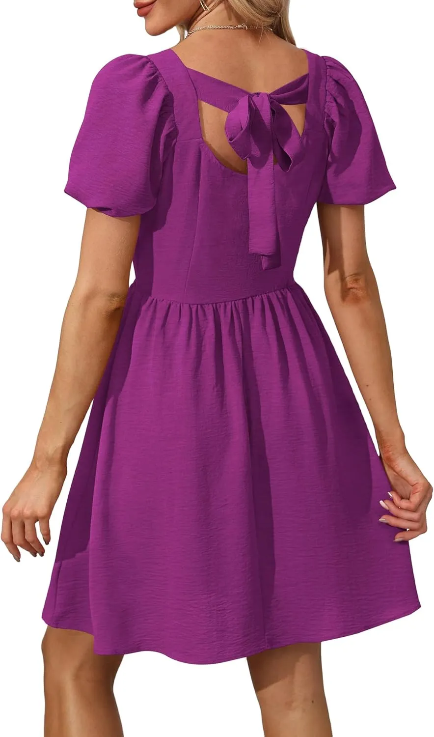OFEEFAN Women Puff Sleeve Square Neck Tie in Back Dresses with Zipper