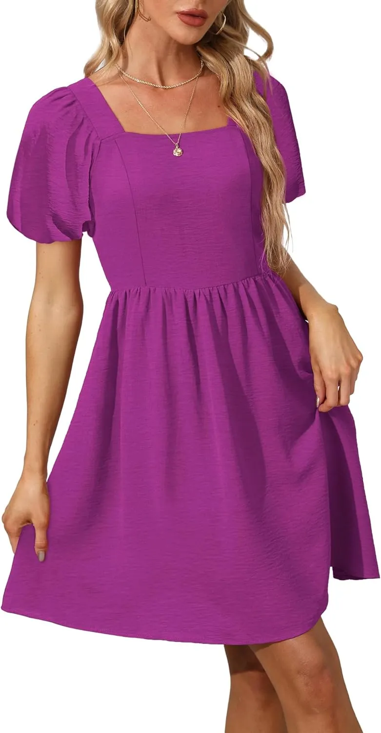 OFEEFAN Women Puff Sleeve Square Neck Tie in Back Dresses with Zipper