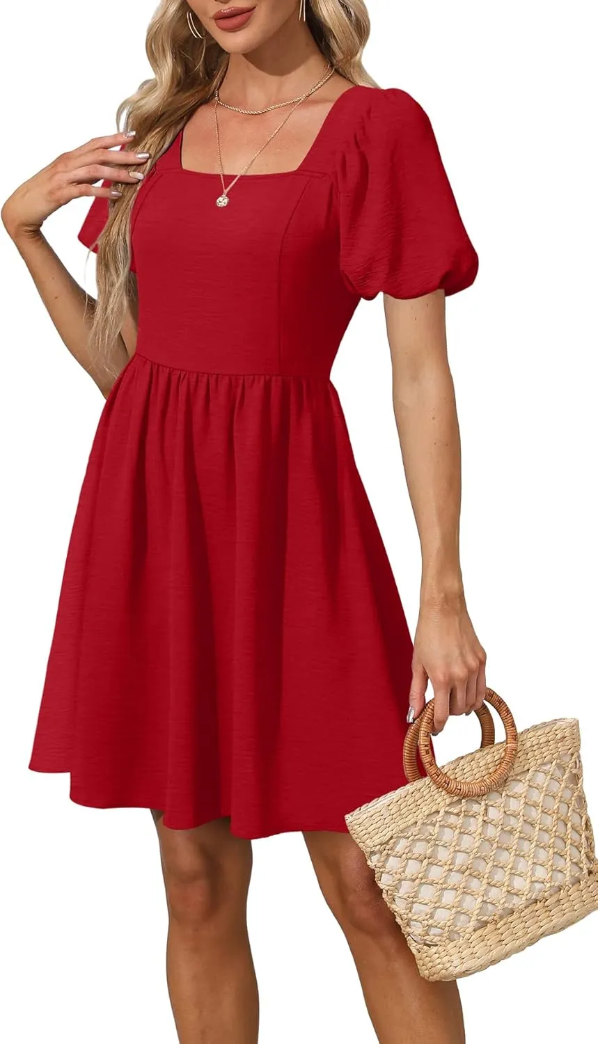OFEEFAN Women Puff Sleeve Square Neck Tie in Back Dresses with Zipper