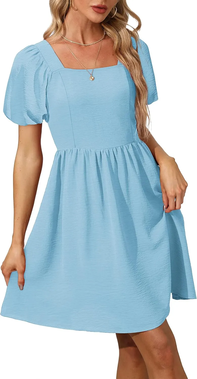 OFEEFAN Women Puff Sleeve Square Neck Tie in Back Dresses with Zipper
