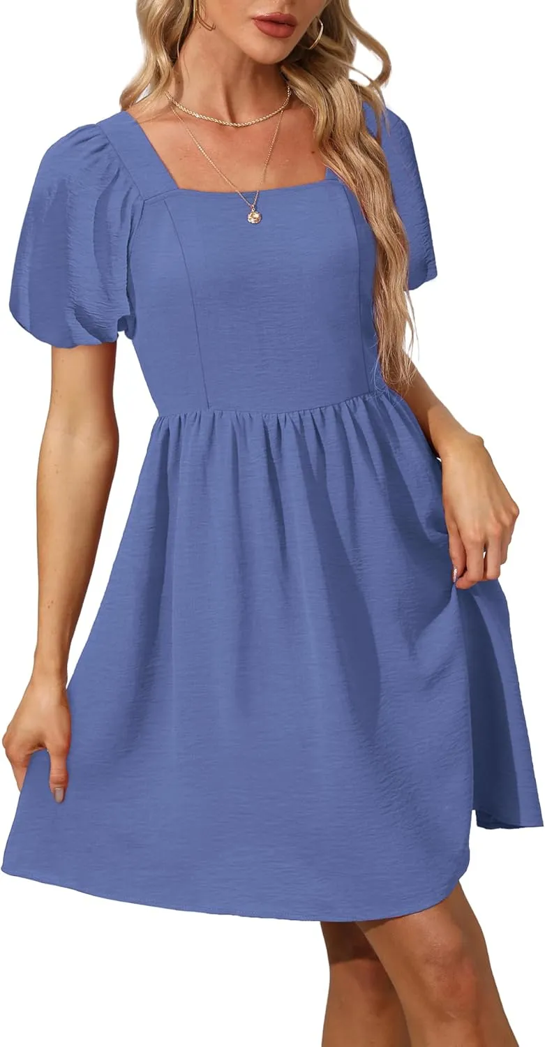 OFEEFAN Women Puff Sleeve Square Neck Tie in Back Dresses with Zipper