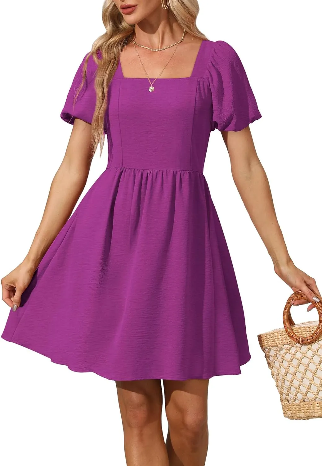 OFEEFAN Women Puff Sleeve Square Neck Tie in Back Dresses with Zipper