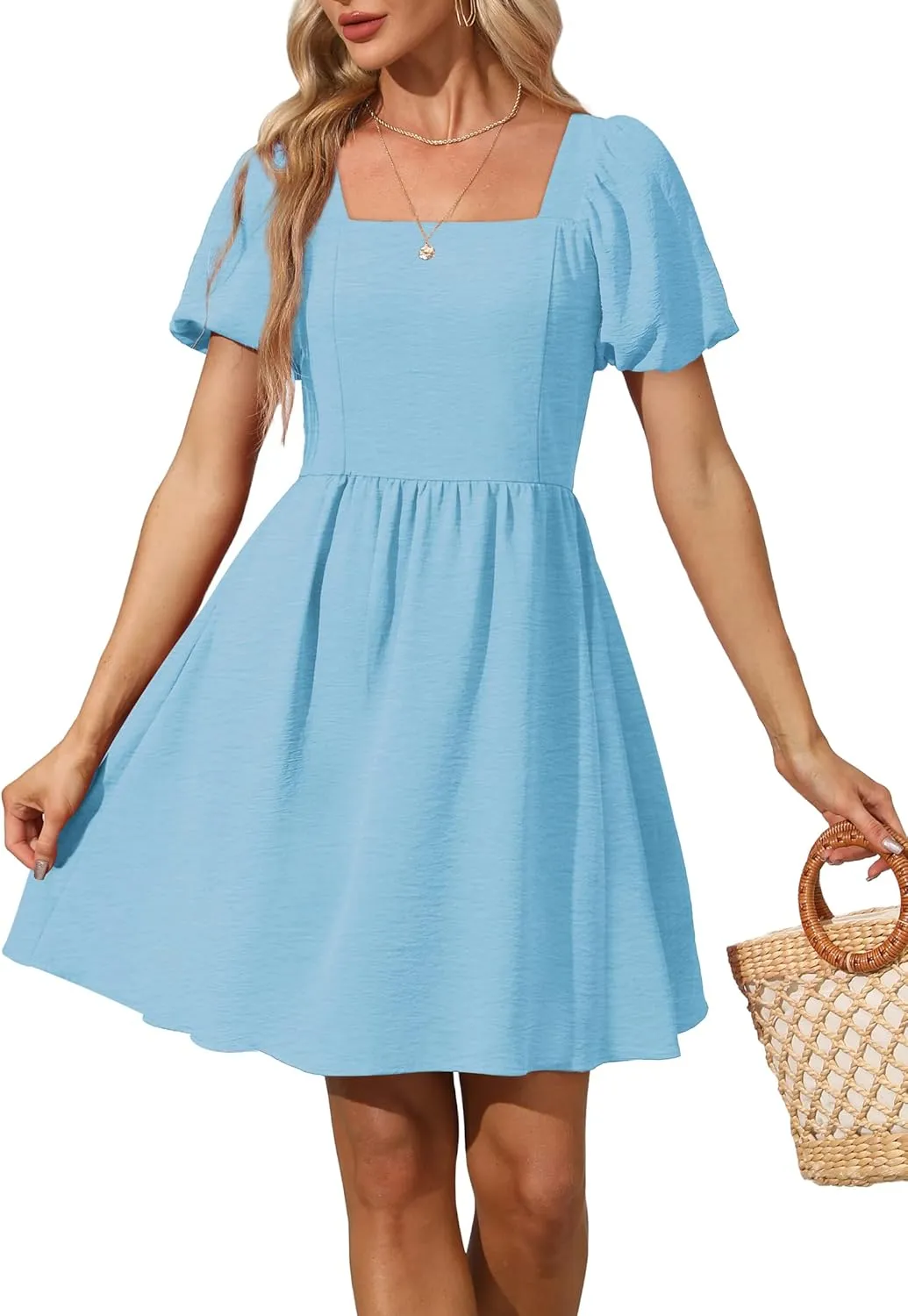 OFEEFAN Women Puff Sleeve Square Neck Tie in Back Dresses with Zipper