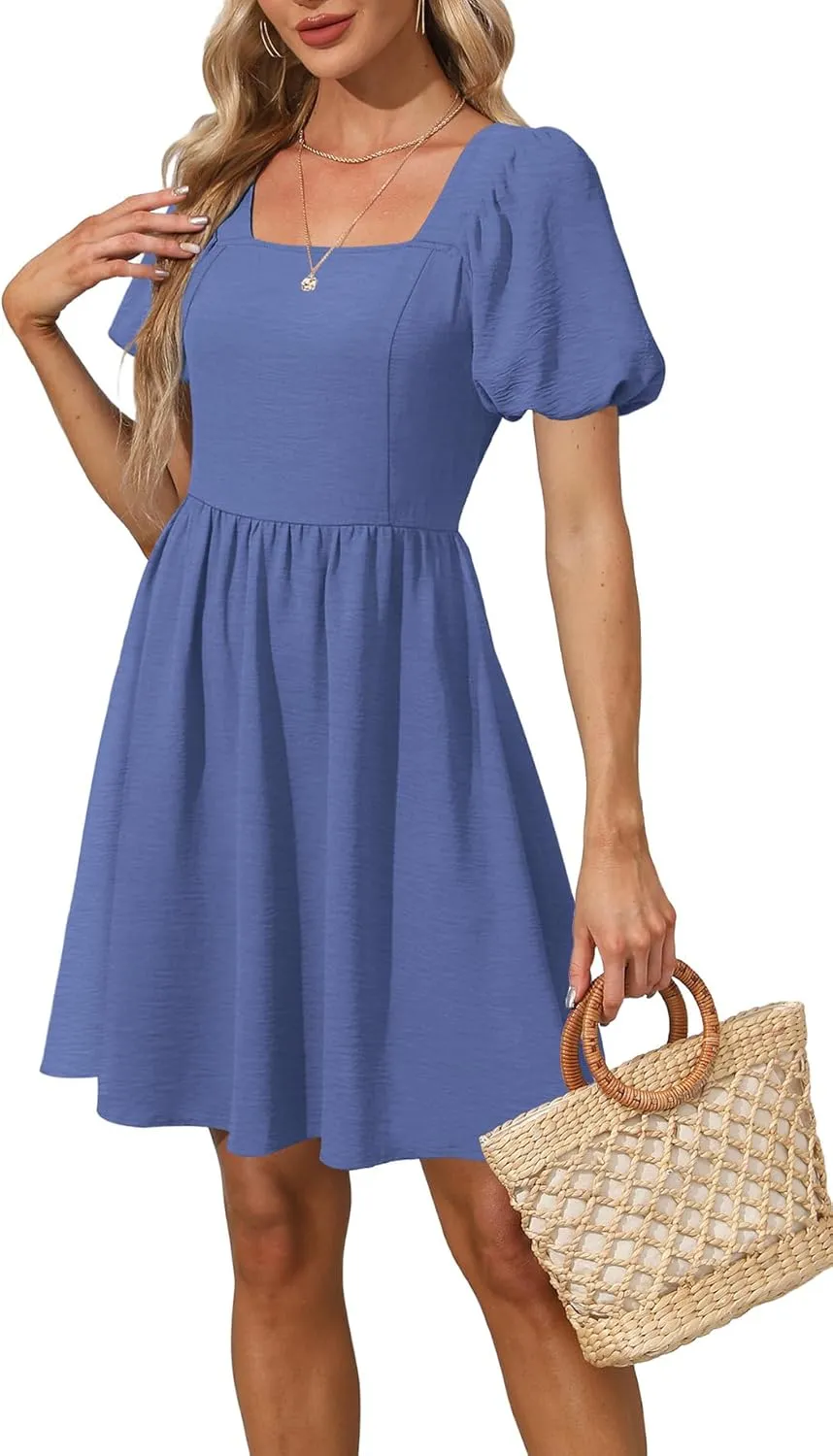 OFEEFAN Women Puff Sleeve Square Neck Tie in Back Dresses with Zipper