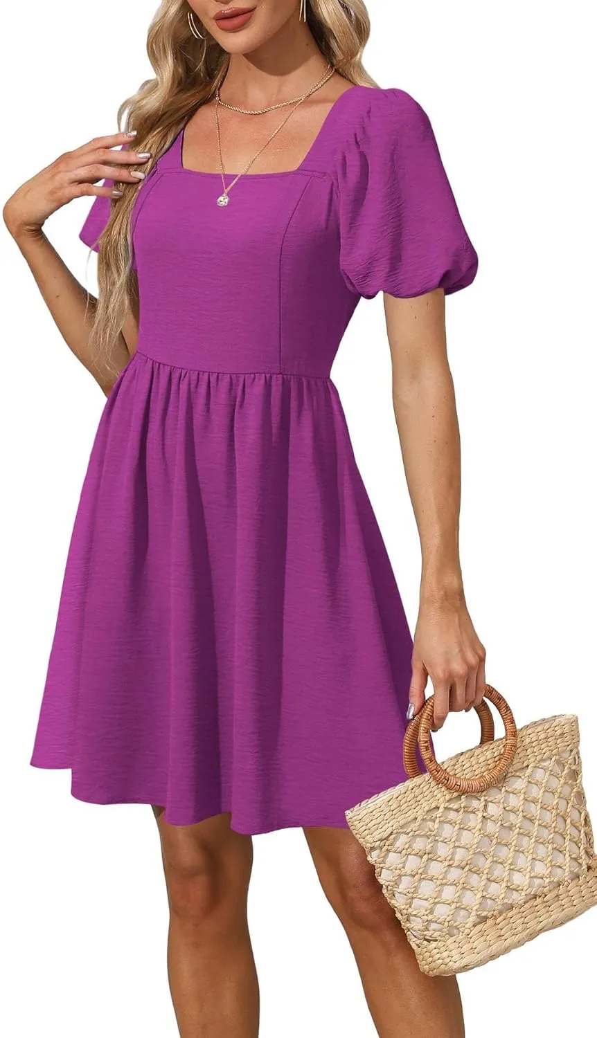 OFEEFAN Women Puff Sleeve Square Neck Tie in Back Dresses with Zipper