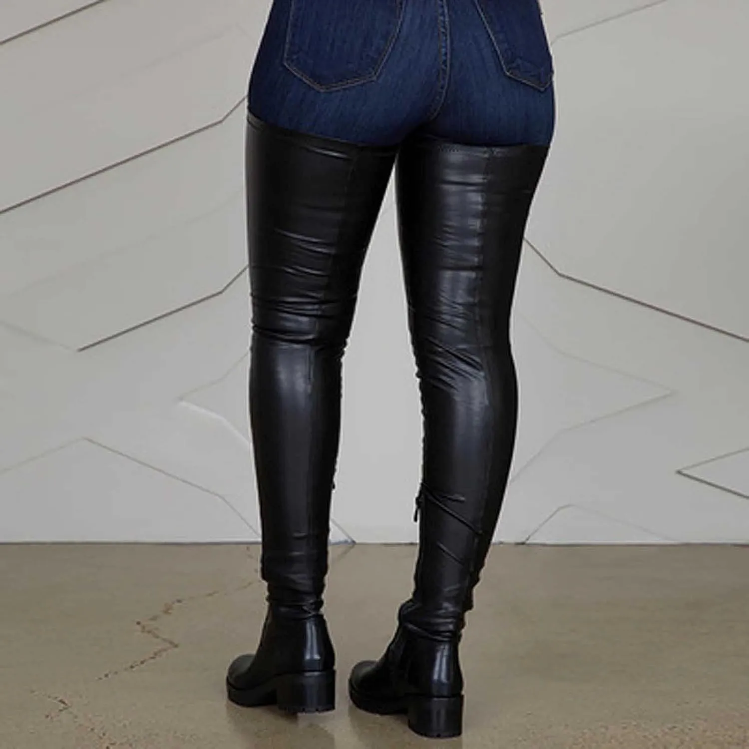 oiangi Over the Knee Boots for Women - Fashion Solid Round Toe Zipper Chunky Heel Slip On Long Boots Trendy Casual Ladies Thick Low Heel Shoes