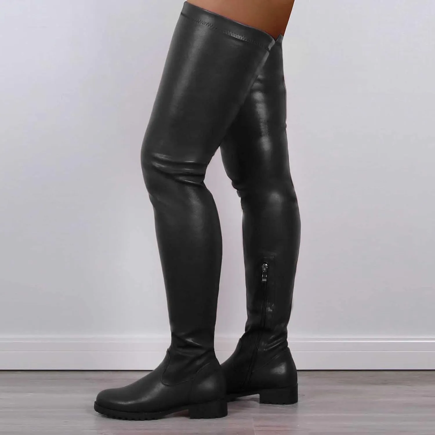 oiangi Over the Knee Boots for Women - Fashion Solid Round Toe Zipper Chunky Heel Slip On Long Boots Trendy Casual Ladies Thick Low Heel Shoes