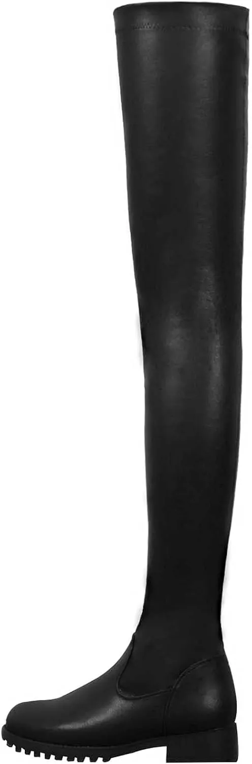 oiangi Over the Knee Boots for Women - Fashion Solid Round Toe Zipper Chunky Heel Slip On Long Boots Trendy Casual Ladies Thick Low Heel Shoes