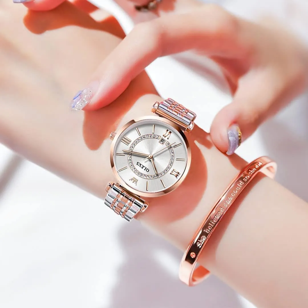 OLEVS Women's Casual Stainless Steel Watch, Small Wrist Simple Watch for Women, Elegant Diamond Roman Numerals Ladies Dress Watch