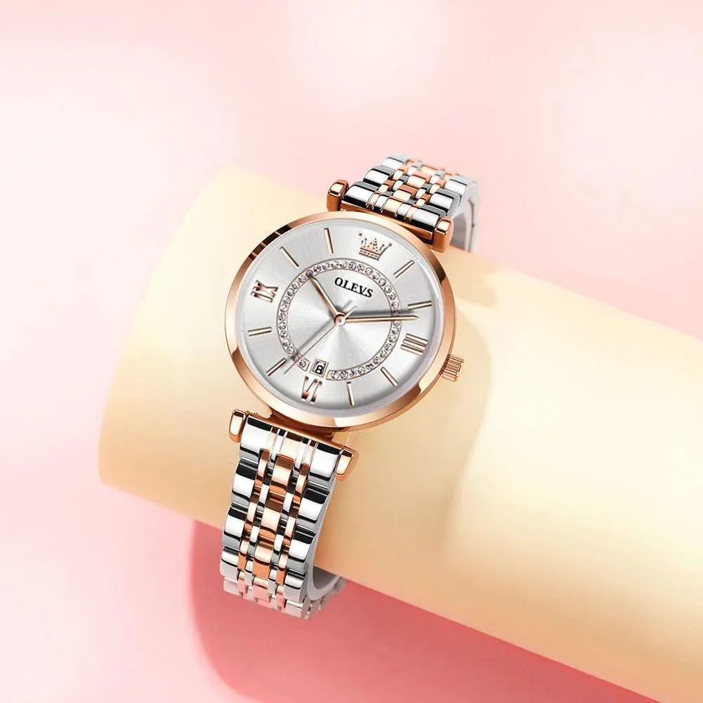 OLEVS Women's Casual Stainless Steel Watch, Small Wrist Simple Watch for Women, Elegant Diamond Roman Numerals Ladies Dress Watch