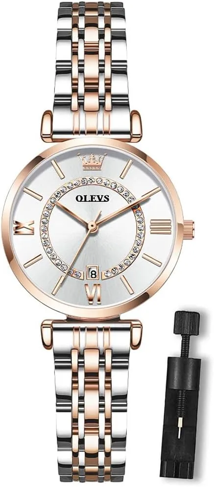OLEVS Women's Casual Stainless Steel Watch, Small Wrist Simple Watch for Women, Elegant Diamond Roman Numerals Ladies Dress Watch
