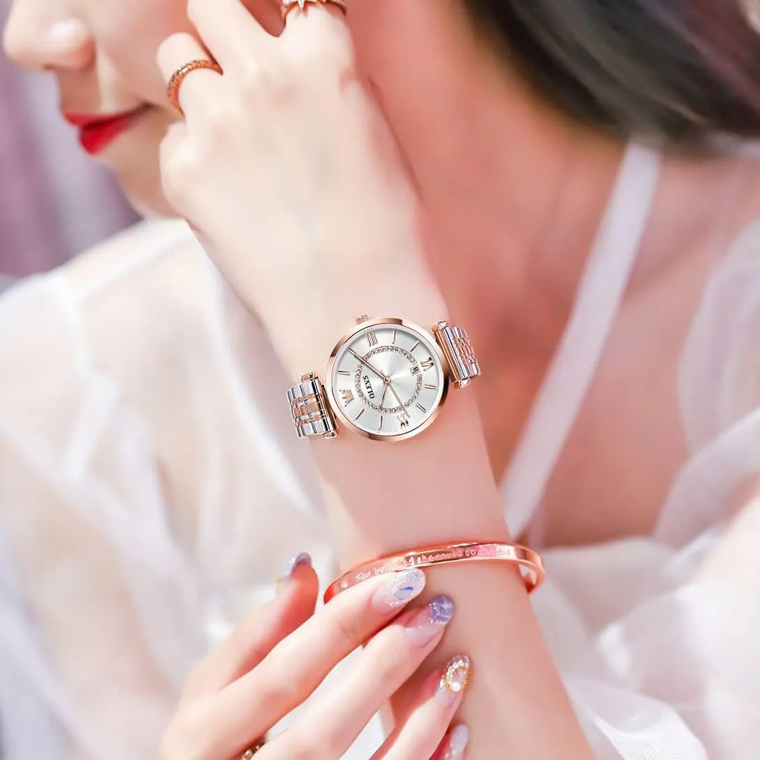 OLEVS Women's Casual Stainless Steel Watch, Small Wrist Simple Watch for Women, Elegant Diamond Roman Numerals Ladies Dress Watch